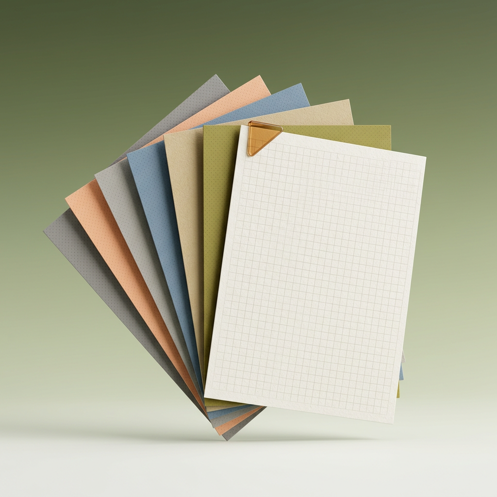 Ein Fächer aus Papiersheets in Oliv, Blau, Sand und Aprikot, das vorderste Blatt mit feinem Raster